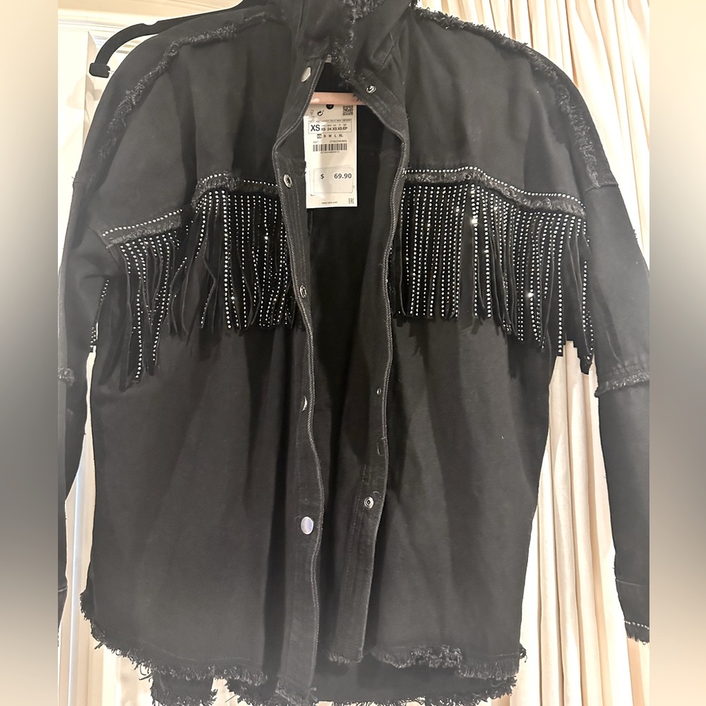 ZARA Black Fringe Jacket with Studded Details